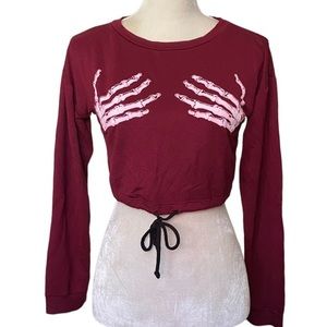 NWT‎ G Mini Skeleton Hands Crop Top Maroon Red White sz Small